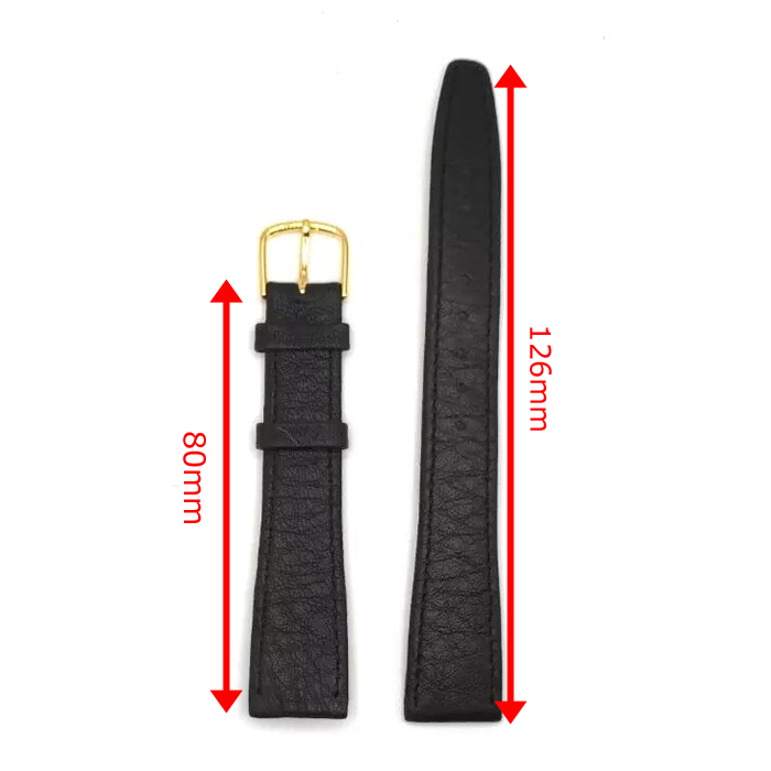 Black leather watch strap with gold buckle, 18mm lug width, smooth calf grain texture.