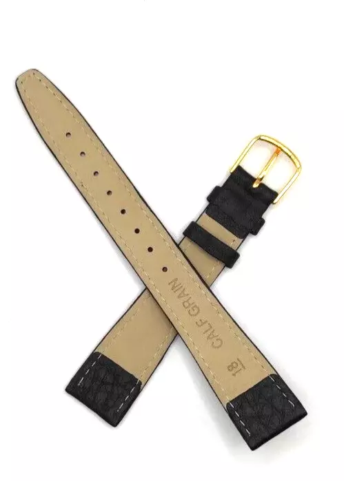 Crossed view of two black leather straps with a gold buckle, displaying the "Calf Grain" text on the underside.