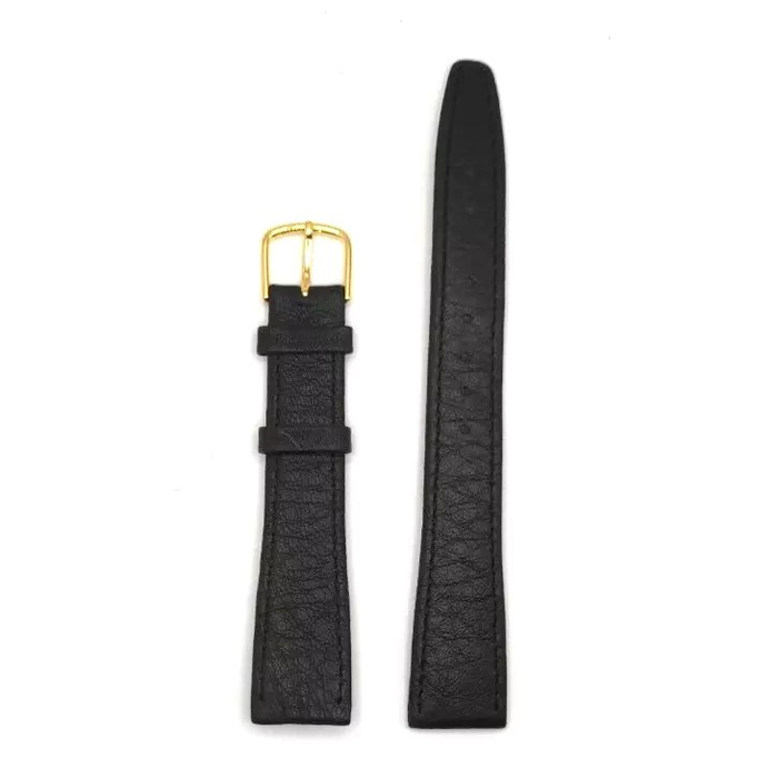 Black leather watch strap with gold buckle, 18mm lug width, smooth calf grain texture.