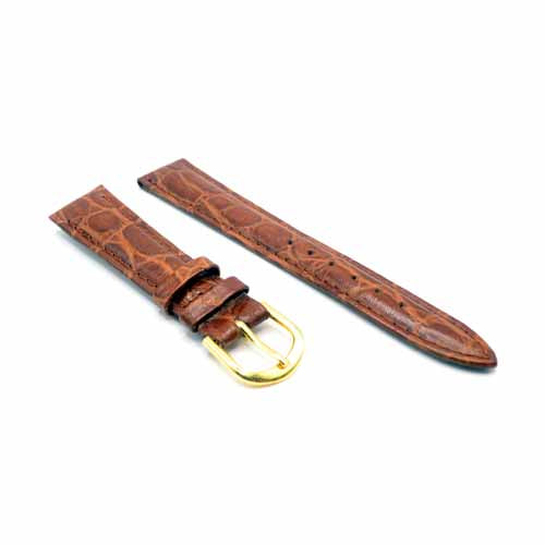 Brown leather watch strap with gold buckle, 18mm lug width, crocodile pattern texture