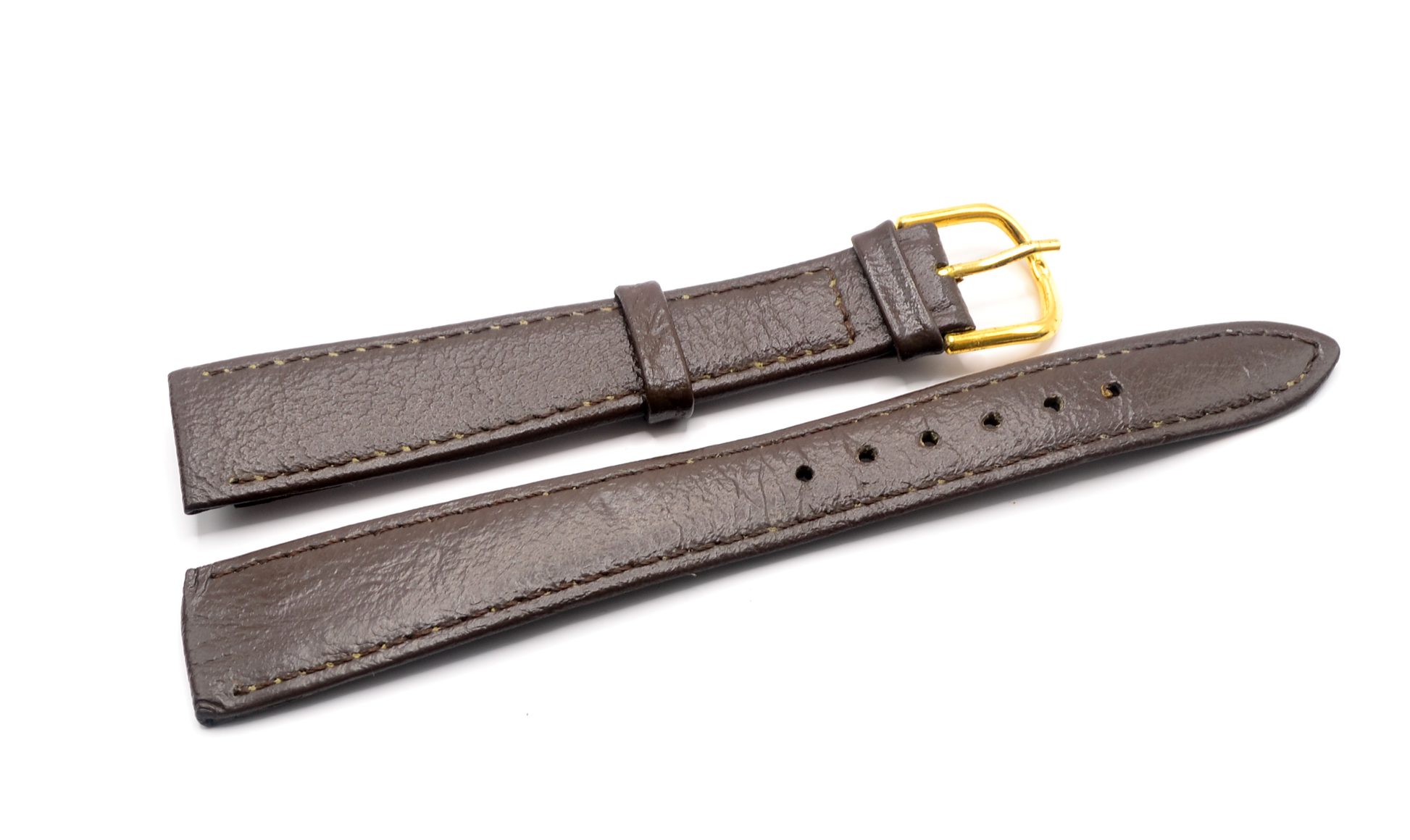 A brown genuine leather watch strap with contrast stitching and a polished gold buckle. The strap is laid flat, showcasing its 18mm width and approximately 198mm/144mm length.