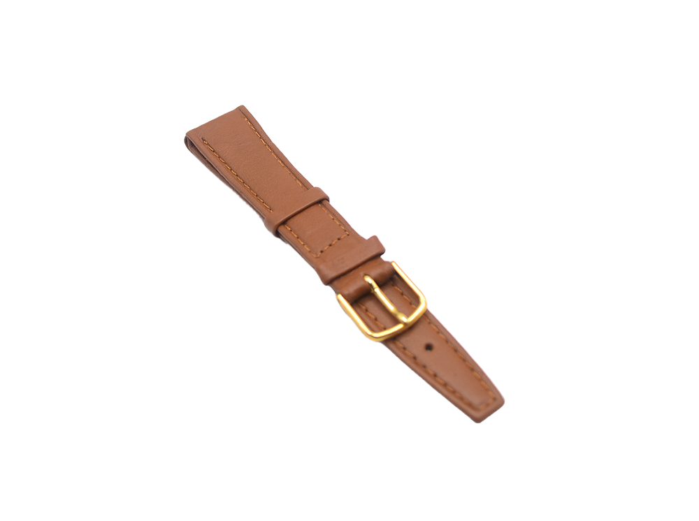 A tan genuine leather watch strap featuring elegant contrast stitching and a polished gold buckle, shown from an angled perspective. Suitable for watches with an 18mm lug width.