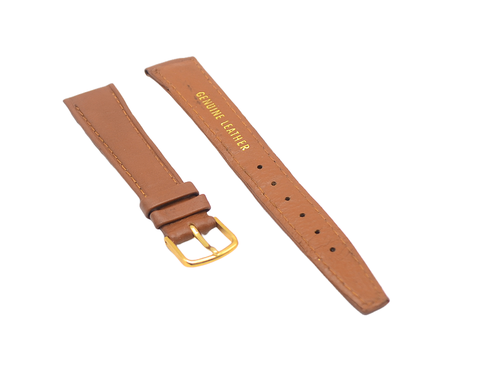 Two pieces of a tan genuine leather watch strap displayed flat, showing the "Genuine Leather" imprint on the underside of the longer piece and the polished gold buckle on the shorter piece. The strap is designed for an 18mm lug width.