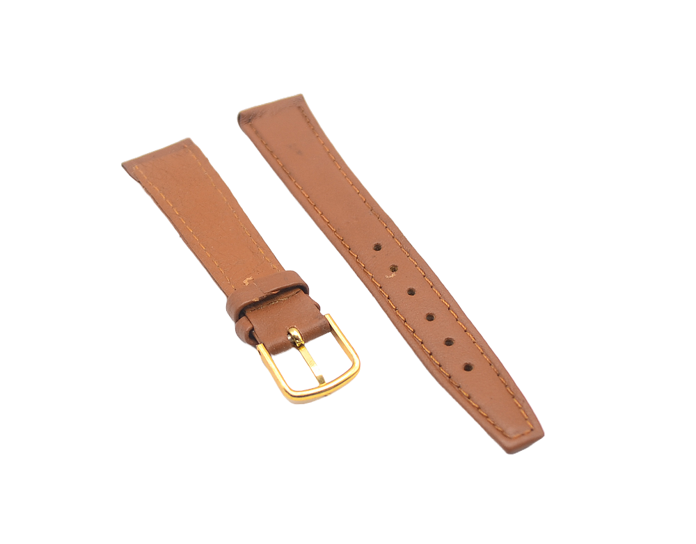 A tan leather watch strap with contrast stitching, shown flat from the front with the gold buckle and multiple adjustment holes visible. Designed for watches with an 18mm lug width.