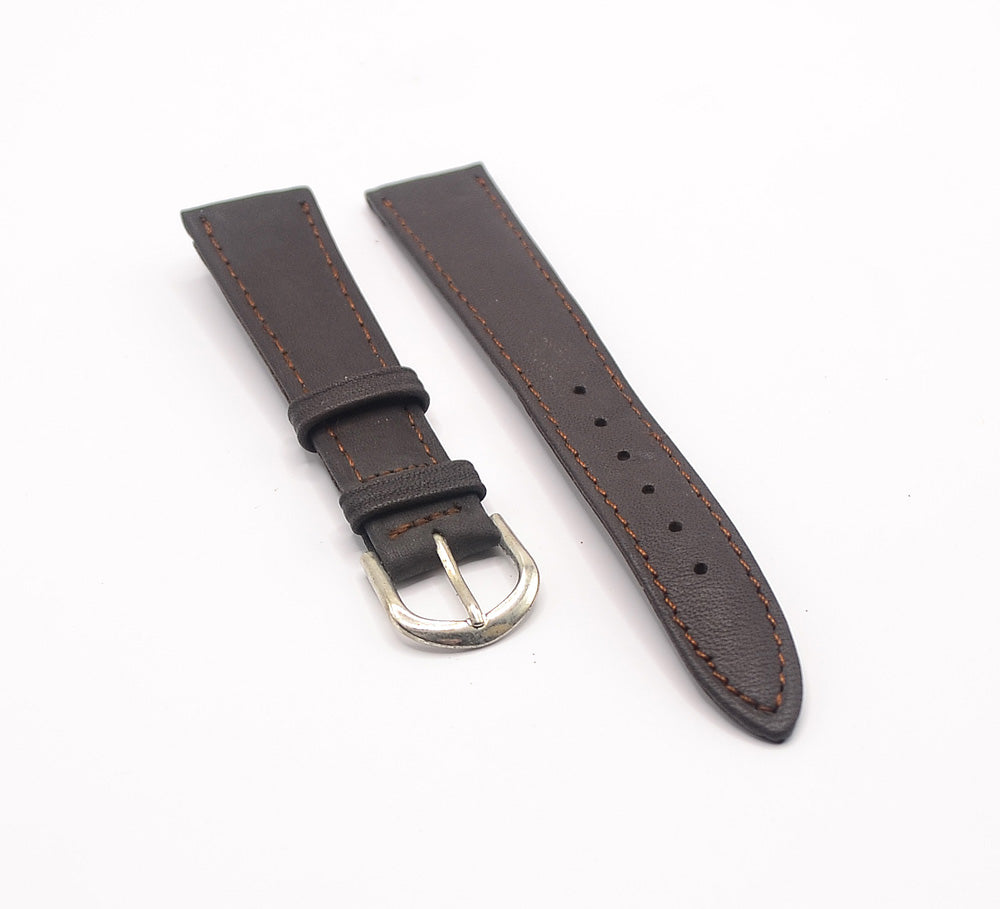 A two-piece brown leather watch strap, laid flat, showing the front side with visible stitching and multiple adjustment holes. The polished silver buckle is attached to one piece.