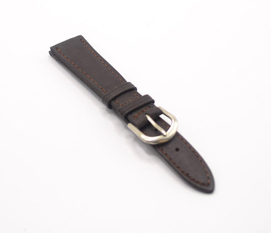 A brown leather watch strap with contrast stitching, featuring a polished silver buckle. The strap is displayed flat, with the buckle facing upwards.