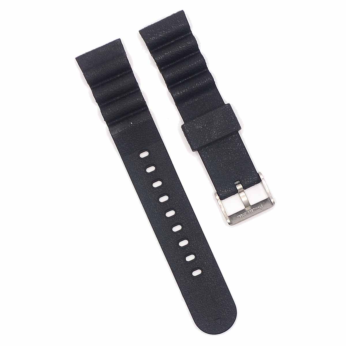 Black rubber watch strap 19mm wide with stainless steel buckle.