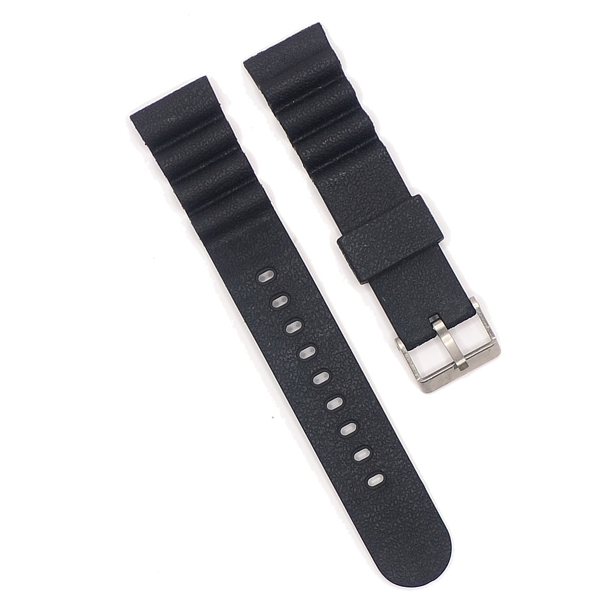 Black rubber watch strap 19mm wide with stainless steel buckle.