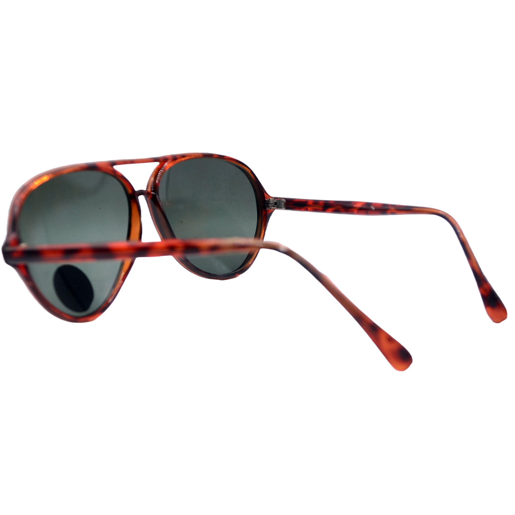 Side angle view of brown tortoiseshell sunglasses with green lenses. The sunglasses feature a sleek design with a curved frame and a classic, double bridge. The tortoiseshell pattern adds a touch of vintage style, while the green lenses offer a stylish contrast.