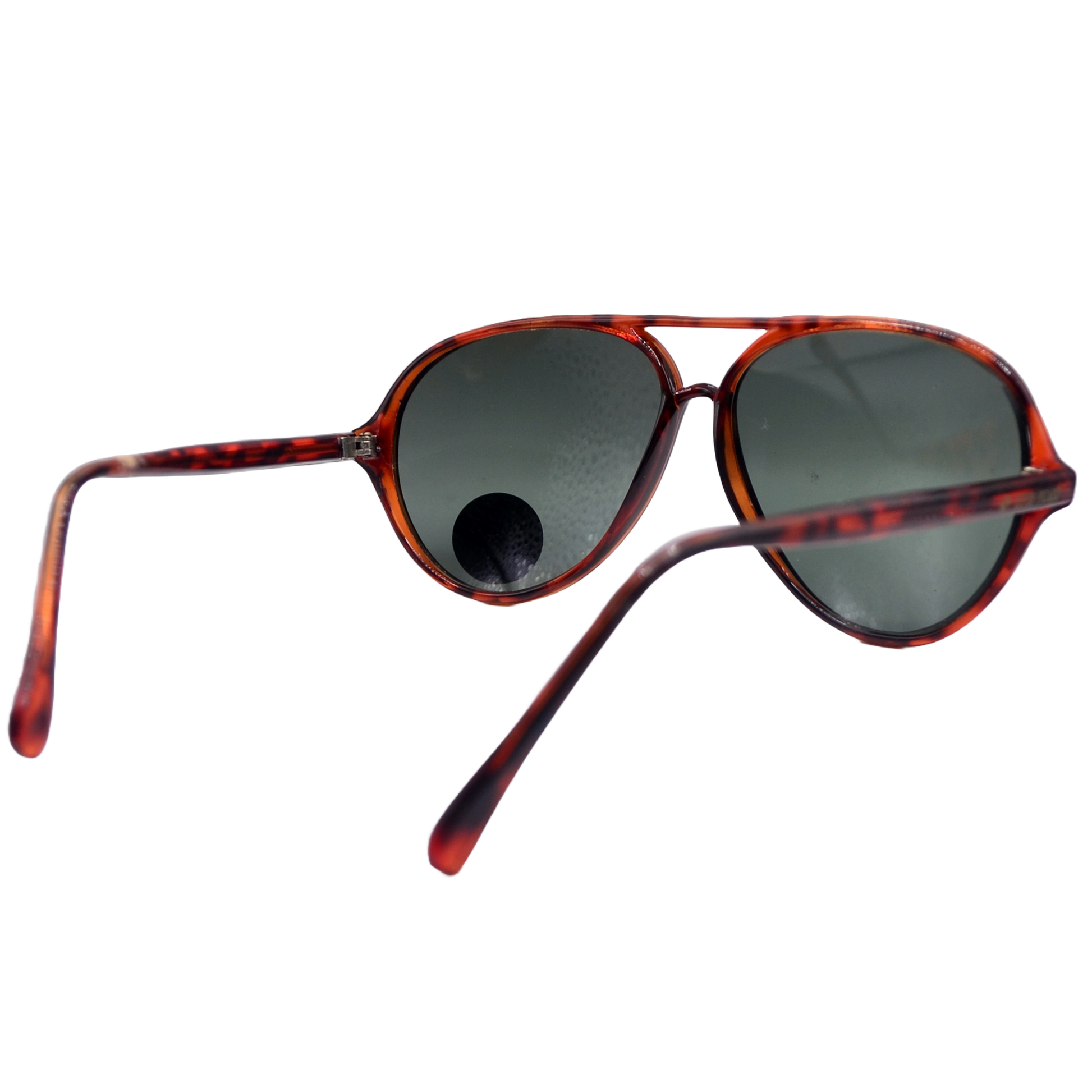 Rear view of brown tortoiseshell sunglasses with green lenses. The image focuses on the back of the frames, highlighting the stylish, vintage-inspired design and the smooth, curved temples, giving a full perspective of the sunglasses' classic look.